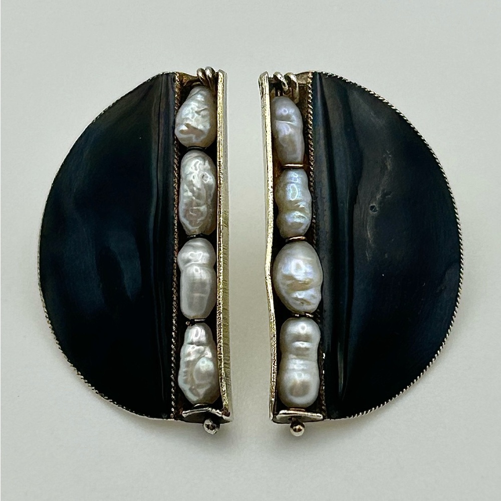 Pearl and Black Enamel Half-Circle Earrings—24k Yellow Gold over Sterling Silver